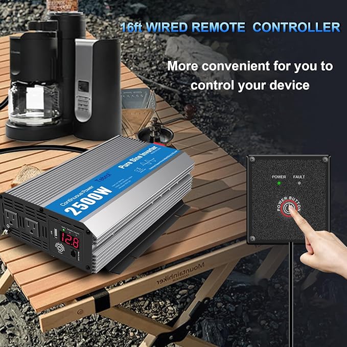 2500W Pure Sine Wave Inverter 12V DC to 120V AC Converter for Home, RV, Truck, Off-Grid Solar Power Inverter with Built-in 5V/2.1A USB, AC Hardwire Port, Remote Controller