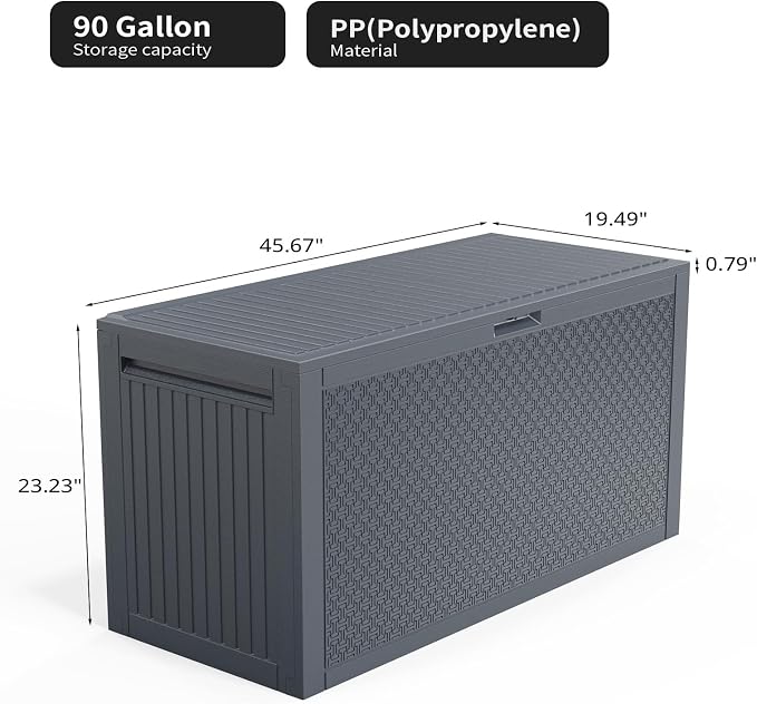 Outdoor Storage Box, 90 Gallon Deck Box, Waterproof Resin Storage Bin for Patio Cushions, Gardening Tools, Lockable, UV Resistant, Grey