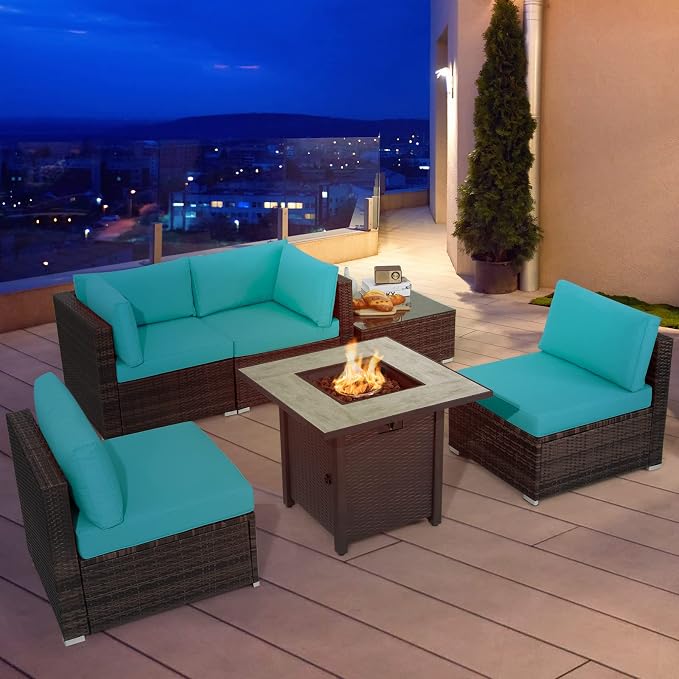 Tangkula 6 Piece Outdoor Rattan Sofa Set with 30in Propane Gas Fire Table, Ceramic Fire Tabletop, 50,000 BTU Heat Output, Cushions & Fire Pit Dust Cover, Patiojoy Weatherproof Wicker Set (Turquoise)