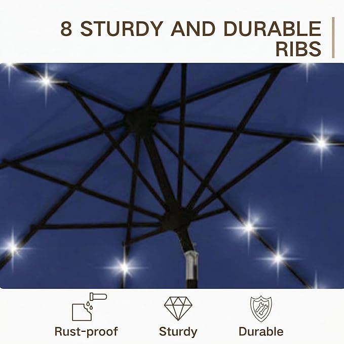 Kingdura 9FT Outdoor Patio Umbrella with Solar Lights, Market Table Umbrella with Push Button Tilt & Crank, 8 Sturdy Ribs, 32 LED Lights, UV Protection for Garden Lawn Deck Backyard Pool (Navy blue)