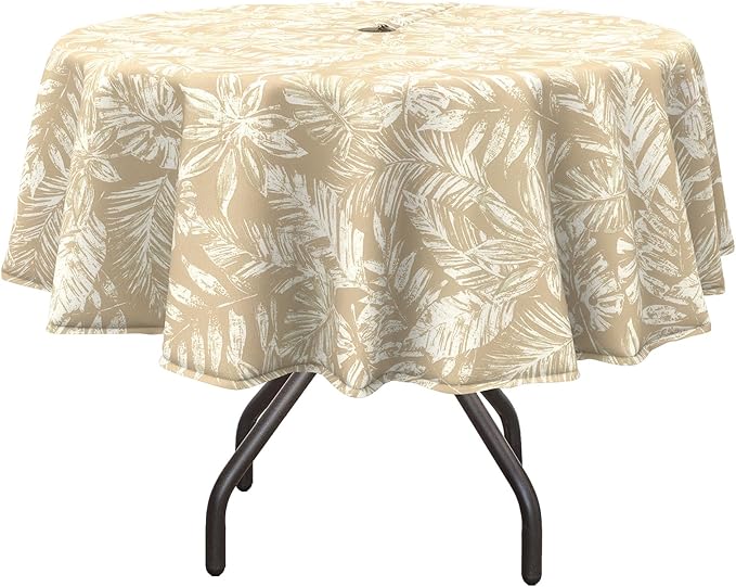 DYTXIII Outdoor Round Tablecloth with Umbrella Hole 60 Inch, Water Repellent & Fade Resistant Table Cover, All Weather Outdoor Tablecloth for Garden & Party Table, Tropical Leaf Oat
