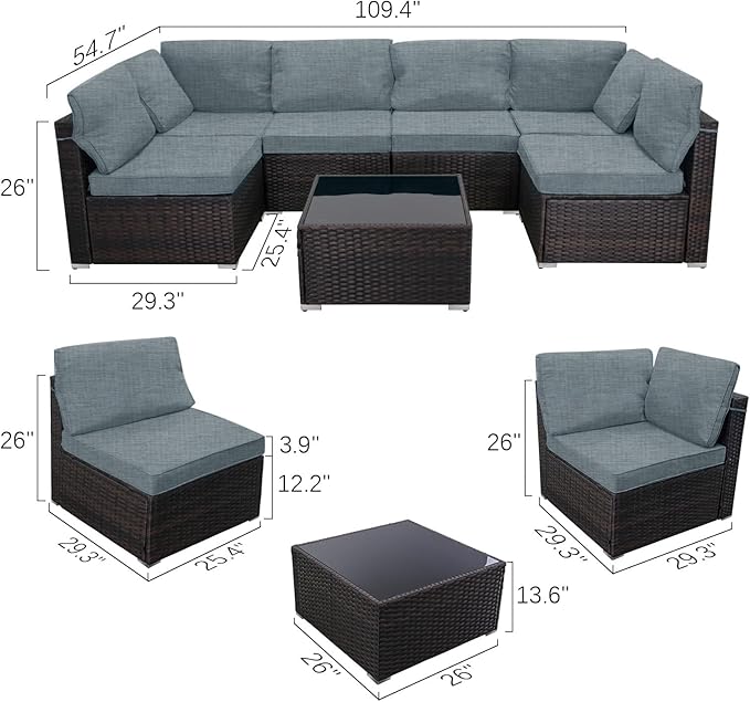 7 Pieces Outdoor Patio Furniture Sets,Rattan Conversation Sectional Set,Manual Weaving Wicker Patio Sofa with Tea Table