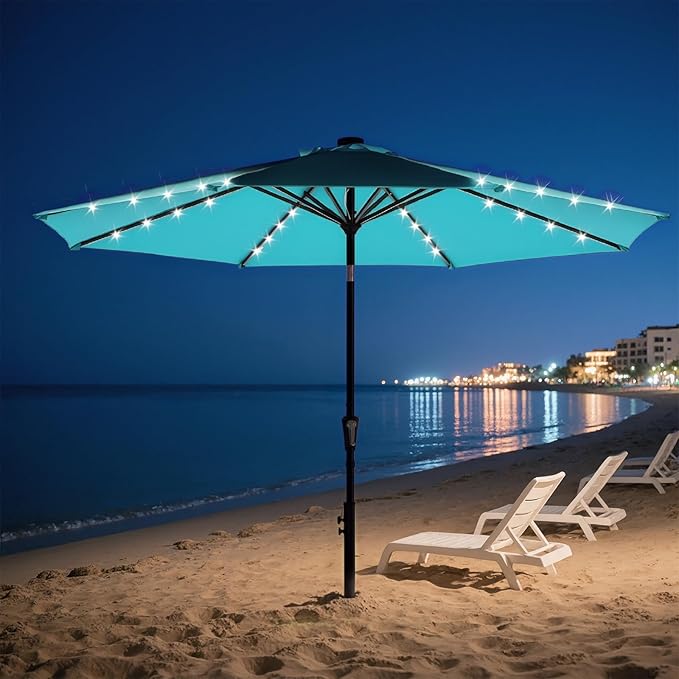 DUMOS LED Outdoor Patio Umbrella 10 FT UV-Resistant Market Umbrella with Tilt Adjustment & Crank Lift, All-Weather Shade for Backyard, Deck, Garden, Beach