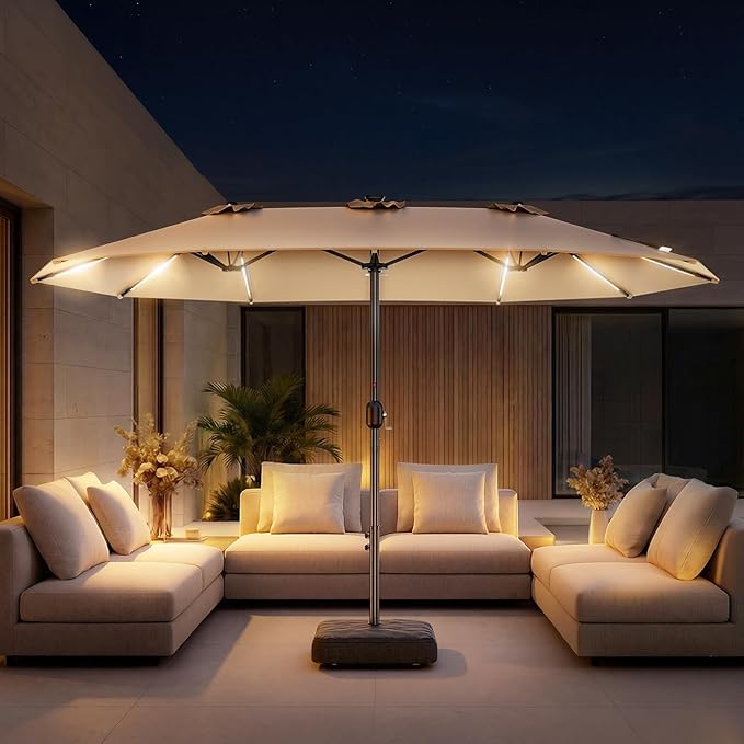 HOMSHADE 15FT Double Sided Umbrella with Light Bar and Base, Rectangle Oversized Patio Umbrellas, Extra Large Outdoor Table Umbrella for Pool, Patio, Garden (Beige)