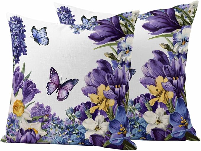Outdoor Waterproof Pillow Covers for Patio Furniture Purple Blue Flowers Butterfly Throw Pillow Cover Watercolor Floral White Pillowcases Set of 2 Cushion Case for Sofa Couch Chair 20x20 inch