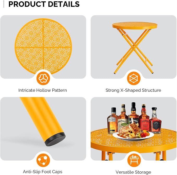 VINGLI Outdoor Folding Side Table with Chic Hollow Pattern and Durable, Rust-Resistant Coated Iron Patio Bistro Table Suitable for Indoor & Outdoor Porch, Deck, Balcony and Pool,Yellow