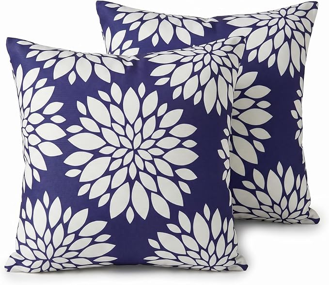 Blue Outdoor Floral Pillow Covers Waterproof 18x18 Set of 2, Outdoor Decorative Throw Pillows Waterproof For Patio Furniture Porch, Navy Blue and White Summer Patio Chair Cushion Covers 18 x 18