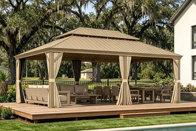 PURPLE LEAF Outdoor Gazebo 14'X20'，Champagne Hardtop Gazebo with Galvanized Steel Double Roof, Permanent Patio Gazebo with Curtains and Netting for Patio Lawn Garden and Deck