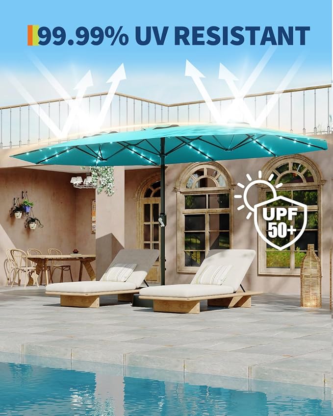 GarveeLife 15 ft Large Patio Umbrella with Lights, 36 LED Lights Double-sided Patio Umbrella with Weighted Base for Poolside Garden Backyard