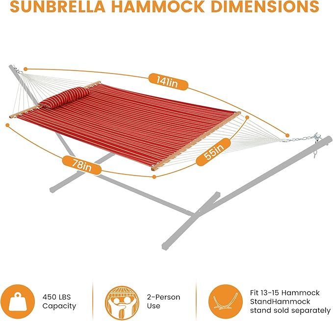 Lazy Daze Hammocks 12 FT Sunbrella Fabric Hammock not Fading with Spreader Bars and Free Pillow Fits for 2 Persons, All Weather and Fade Resistant for Patio Yard, 450 lbs Capacity, Harwood Crimson
