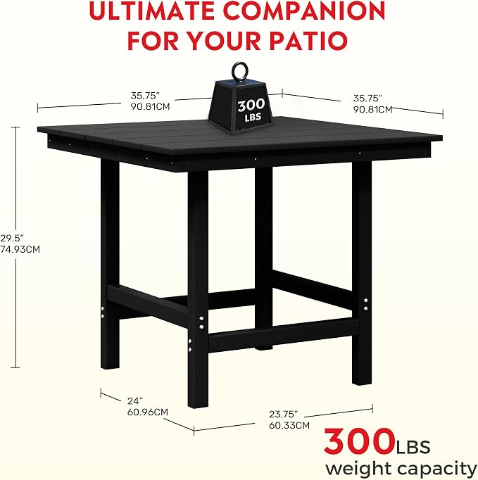 Costaelm Outdoor Patio Table, Outdoor Dining Table for 4, Weather Resistant Square Patio Table with Umbrella Hole for Garden, Poolside, Porch, Black