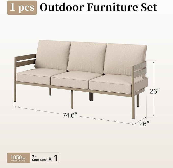 Metal Frame Outdoor Patio Sofa with Cushion, Wood-Like Patio Couch for Deck Balcony Front Porch