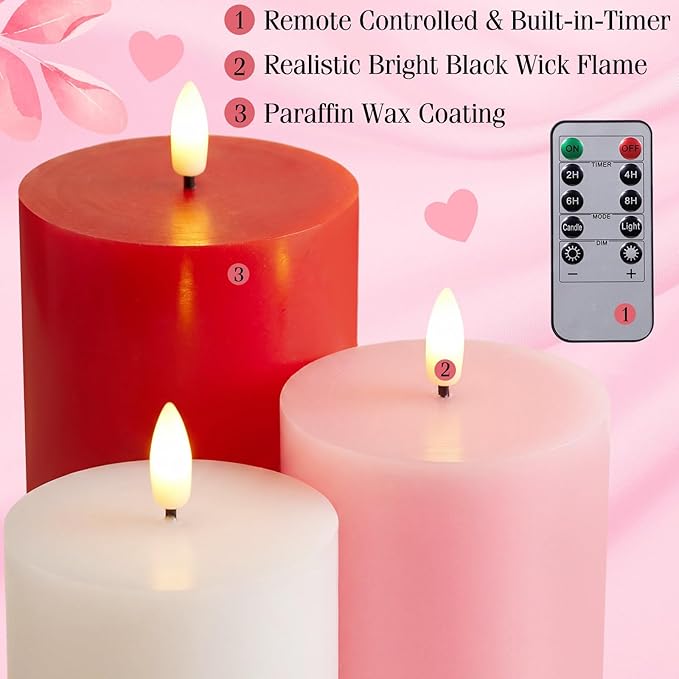 6 Pcs Mother's Day Flameless Candles LED Flameless Pillar Candles Wax LED Fake Candle with Remote and Timer Flickering H 4" 5" 6" for Home Table Dating Wedding Party Decor