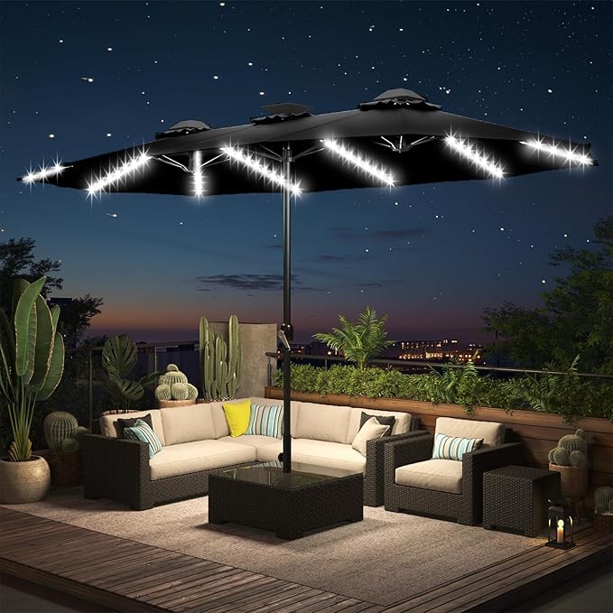 AECOJOY 15ft Patio Umbrella with Solar Lights, Double Sided Large Patio Umbrella with Crank Handle and 156 PCS LED Lights, Outdoor Rectangular Market Umbrella for Backyard Deck Pool in Black(1.9" Pole)