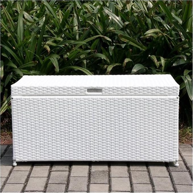 BOWERY HILL Wicker/Rattan Patio Storage Deck Box, 40" W x 20" D x 20" H, Steel Frame, White Finish, Resin Panels, Hinged Top Lid with Chain Stopper, Handles for Portability, Indoor/Outdoor Use