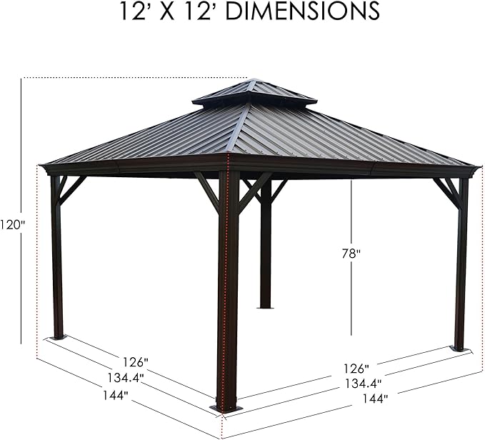 Kozyard Apollo 12’x12’ Hardtop Gazebo, Wooden Coated Aluminum Frame Canopy with Galvanized Steel Double Roof, Outdoor Permanent Metal Pavilion with Netting for Patio Lawn