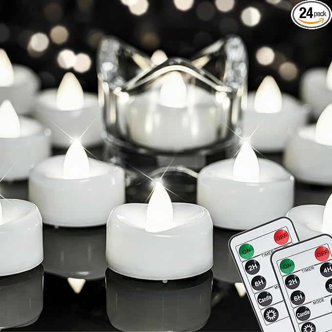 merrynights Remote Candles, 24PCS Flameless Tea Lights Candle Battery Operated with Timer, 400+Hours Remote Control LED Tea Lights Votive Candle - 1.5'' D X 1.25'' H- Pure White Light