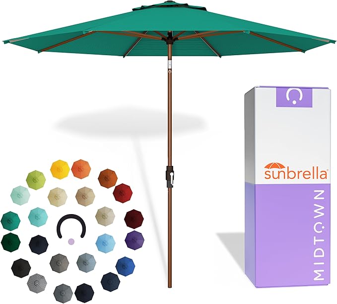 Midtown Umbrellas Wooden 2-8 Ft Patio Umbrella with 360° Swivel & Tilt Mechanism, 8 Fiberglass Ribs & Sunbrella Fabric - Outdoor Umbrella for Deck, Pool & Garden - Burgundy Canopy, Wooden Pole