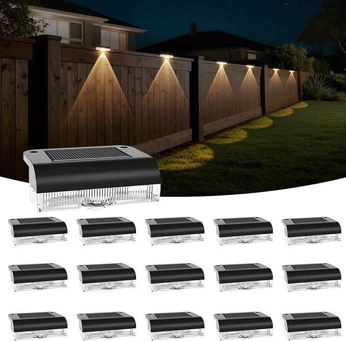 AGOTD Solar Fence Lights Outdoor, 16 Pack Fence Light Solar Powered, Deck Lights Waterproof Led for Garden, Backyard, Patio, Pathway, Railing, Pool, Stairs, Step, Warm White