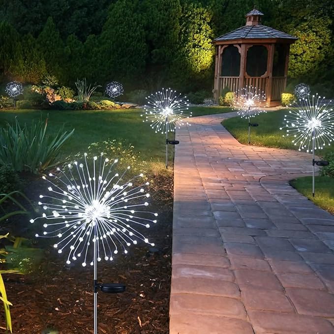 XIHAMA Solar Garden Lights 2 Pack Firework Lights Outdoor Waterproof, 150 LEDs with 8 Lighting Modes for Yard Pathway Patio Party Wedding Decorative (White)