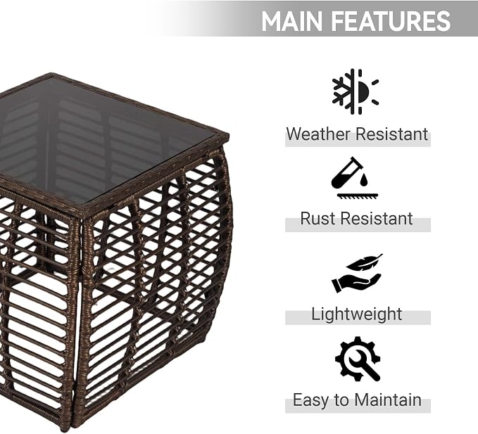 Square Outdoor Side Table - Patio Rattan End Table with Glass Tabletop, Wicker Outdoor Fashionable Coffee Table for Garden, Backyard, Porch, Black Gold