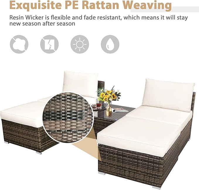 Tangkula 5 Piece Wicker Lounge Chair Set, with Tempered Glass Coffee Table, Outdoor Conversation Sets w/Washable Zippered Cushions, Includes 2 Armless Sofas, 2 Ottomans and 1 Side Table