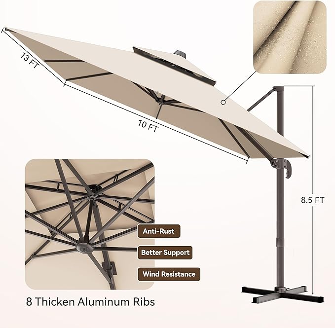 10x13 FT Patio Umbrella, Large Cantilever Rectangular Double Top Heavy Duty Offset Umbrellas with 360° Rotation, Outdoor shade for Garden Deck Pool Patio, Beige