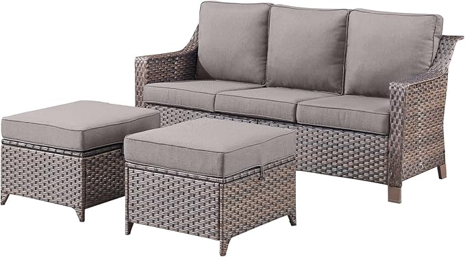 3 Pieces Patio Conversation Sets-All-Weather Wicker Sectional Couch with Ottomans for Deck Balcony Poolside Backyard-Brown/Grey