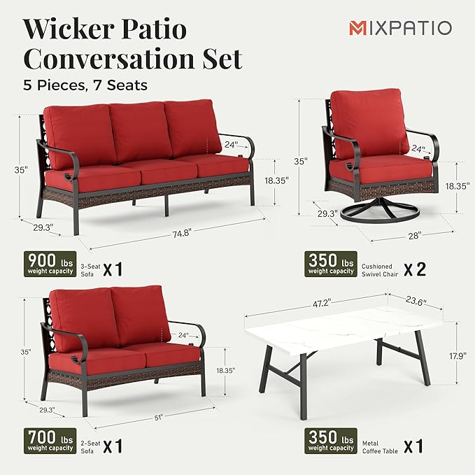 Patio Furniture Set with Coffee Table, Outdoor Conversation Set with 2 x Swivel Chairs, 1 x 2-Seat Sofa, 1 x 3-Seat Sofa for Lawn Garden Backyard, Red