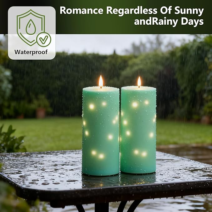 kakoya 10" x 4" Large Outdoor Waterproof Flickering Flameless Candles with Timer,2Pcs Battery Operated LED Pillar Candles with Embedded Star String for Outdoor Lanterns,Porch,Patio Decor(Blue)