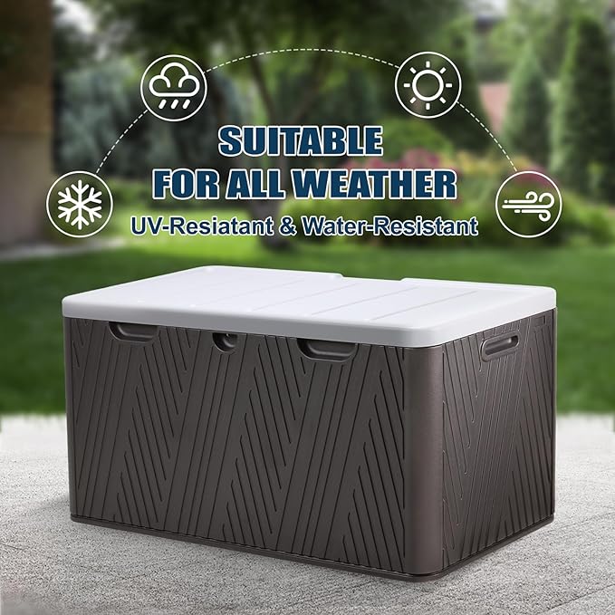 Aoodor 85 Gallon Deck Box, Outdoor Storage Box, Waterproof & Weather-Resistant Lockable, Patio Bench Storage Box for Cushion, Garden Tools, Brown