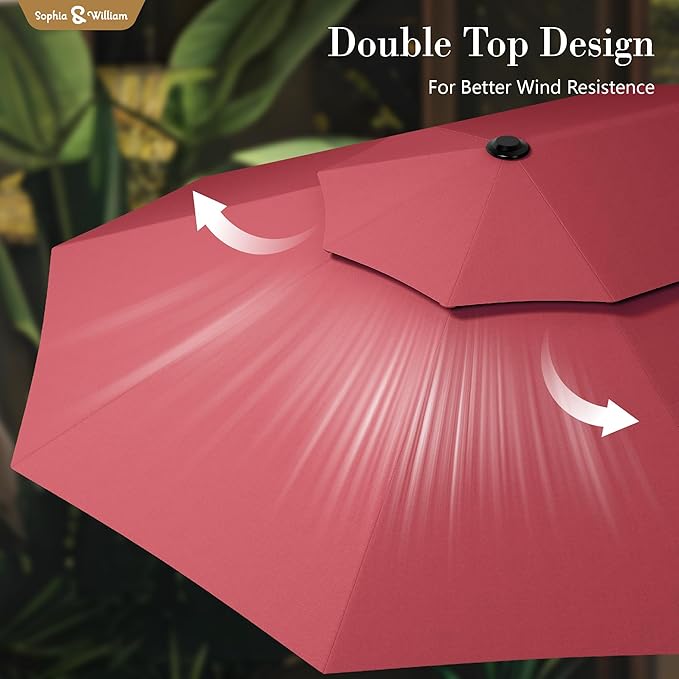 Sophia & William 15ft Extra Large Patio Umbrella with Base Included, 2-Tier Double-Sided Rectangle Outdoor Umbrella with Stand, Market Umbrella for Pool Garden Backyard, Red