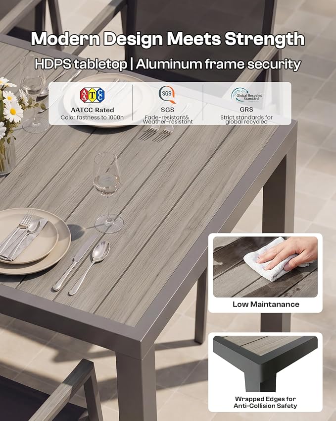 Outdoor Dining Set for 4, Aluminum Patio Table and Chairs Set, 5-Piece All Weather Patio Dining Furniture Set with Umbrella Hole for Backyard, Deck, Poolside (Gray)