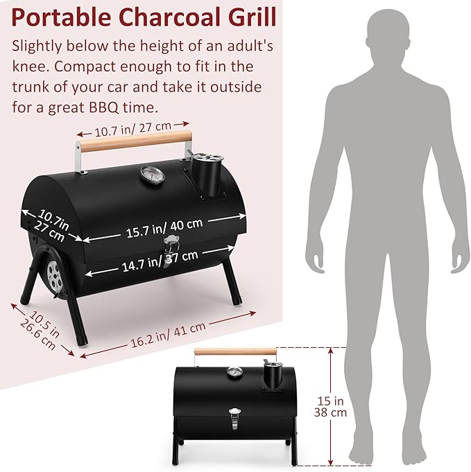 Portable Grill Charcoal for Outdoor, Leonyo Small BBQ Charcoal Grill for Tabletop, Thermometers & Chimney, 119 Sq.in Cooking Surface for Barbecue, RV Travel, Camping, Beach