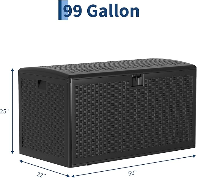 IDEALHOUSE 99 Gallon Deck Box, Waterproof Resin Outdoor Storage Box, Lockable Patio Container & Bench for Furniture Cushions, Garden Tools,Black