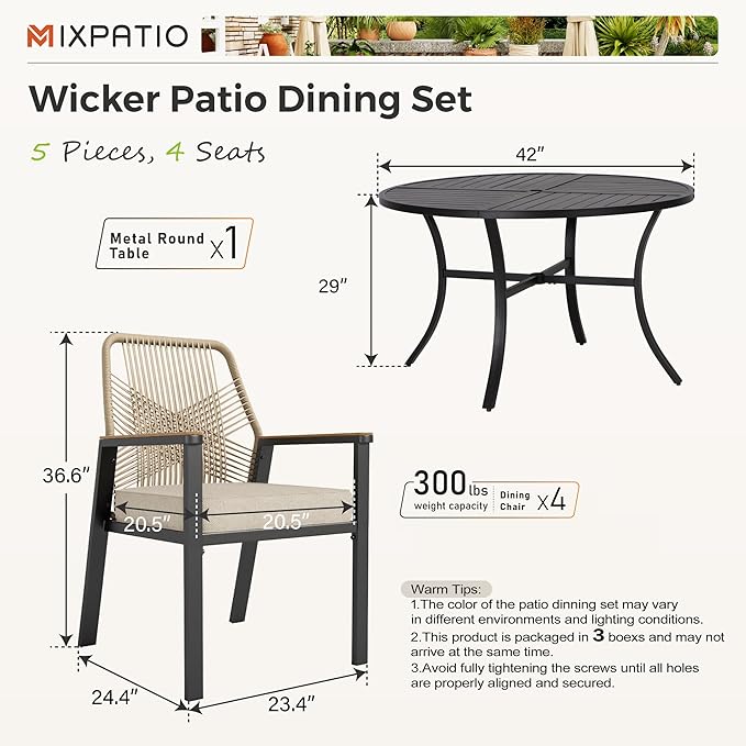 MIXPATIO 5 Pieces Round Outdoor Dining Set for 4, Patio Dining Set Wicker Rattan Chairs with Soft Cushion and 42" Round Table with Umbrella Hole, Round Patio Table and Chairs for Backyard Porch