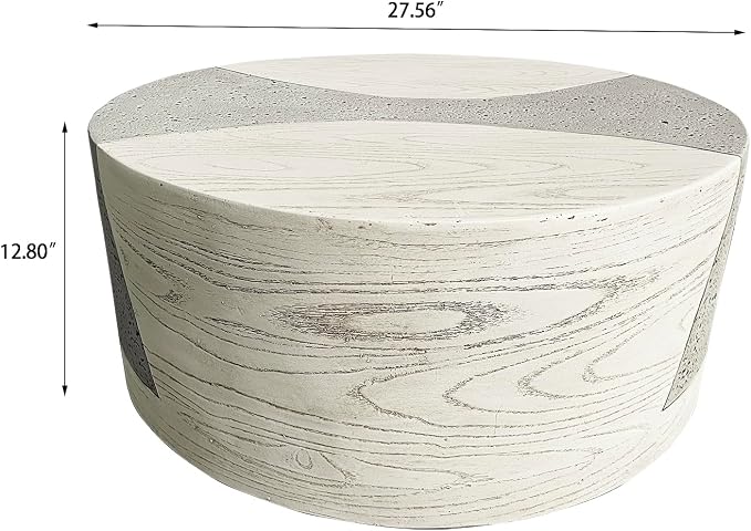 LIVILAND 27.6" Round Drum Coffee Table, Modern MgO Weatherproof Outdoor Center Table for Living Room, Patio & Balcony, Japandi Faux Wood Grain, No Assembly Required (Ivory Oak Travertine)