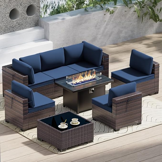 Outdoor Terrace Furniture Set, 8 Piece Outdoor Furniture Set, with 43 inch Aluminum 55003 BTU Propane fire Pit, PE Willow Vine Terrace Dialogue Set - Blue.
