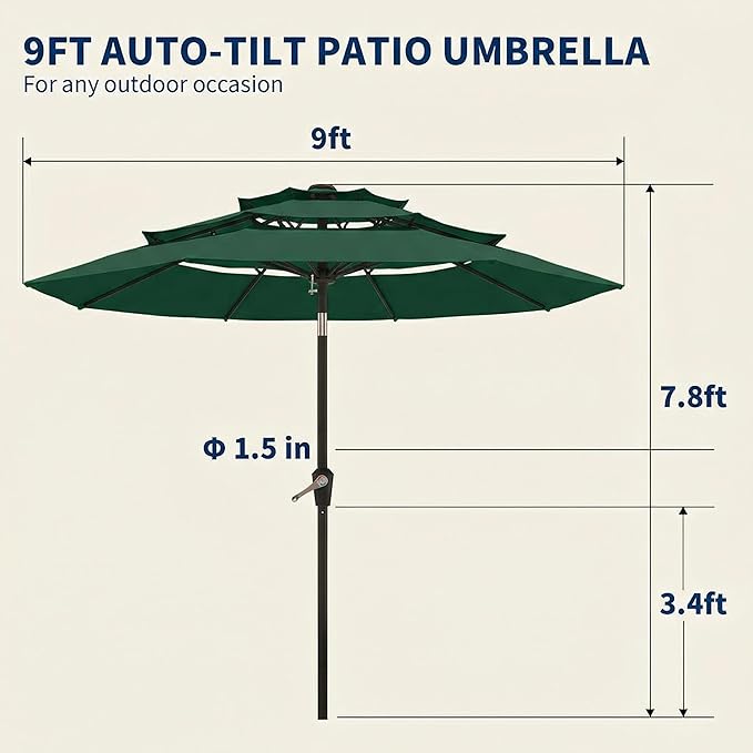 10FT Patio Umbrella 3 Tiers Outdoor Market Umbrella w/Push Button Tilt, Crank, UV and Waterproof Table Umbrella for Garden, Pool, Backyard, Deck, Lawn, Forest Green