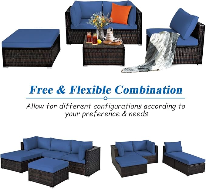 Tangkula 5 Piece Patio Furniture Set, Outdoor Sectional Rattan Sofa Set with Cushions and Coffee Table, Suitable for Backyard Porch Garden Poolside and Deck, Wicker Conversation Set (Navy Blue)