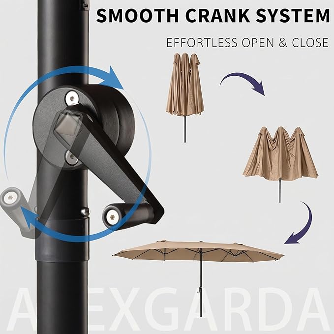 15FT Large Double Sided Patio Umbrella, Aluminum Crank and Heavy Duty Carbon Steel Ribs Outdoor Umbrellas, Fade Resistant Rectangular Market Umbrella for Pool, Deck, Commercial, Backyard, Patio, Rental, BBQ, Beige