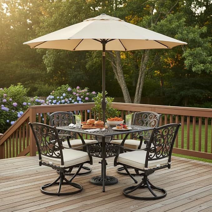 Tangkula 35.4 Inches Outdoor Dining Table, All-Weather Cast Aluminum Table with Umbrella Hole, 4 Person Square Dining Table for Garden, Backyard and Poolside