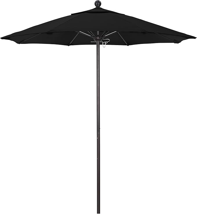 California Umbrella 7.5' Round Aluminum/Fiberglass Umbrella, Push Open, Bronze Pole, Olefin Black Fabric
