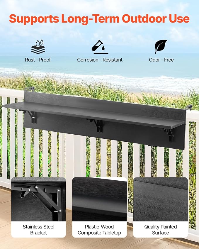 VEVOR Balcony Hanging Table, 48 x 12 inch Folding Balcony Railing Table, Outdoor Balcony Bar for Railings, 50 lbs Loading, Fit from 1" to 4.3", Serving for Patio & Deck
