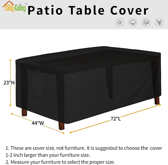 Easy-Going 600D Heavy Duty Rectangular Table Cover UV Resistant and Waterproof Outdoor Lawn Patio Furniture Cover (72" Lx44 Wx23 H, Black)