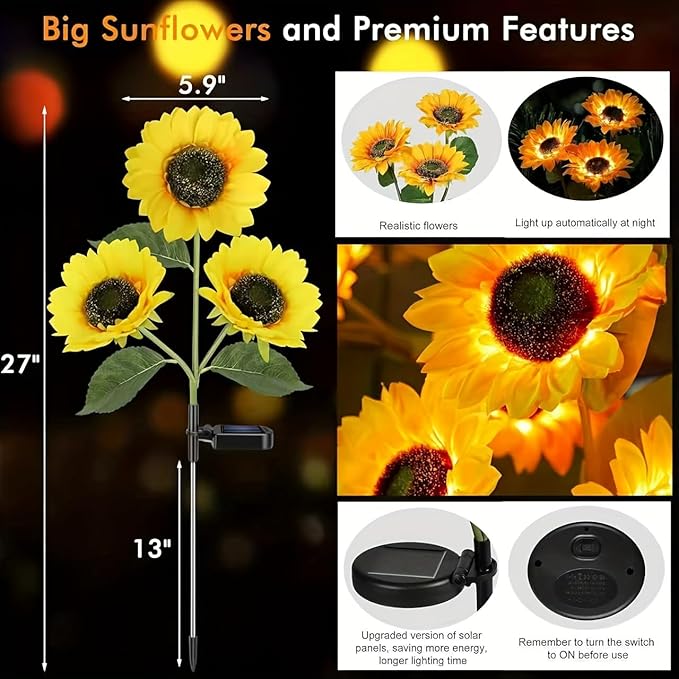 2026 Upgraded Solar Garden Lights, 4-Pack 12 Sunflowers Outdoor Waterproof Solar Lights, 27” Tall Auto On/Off Solar Flowers Lights for Garden Patio Yard Backyard Decor