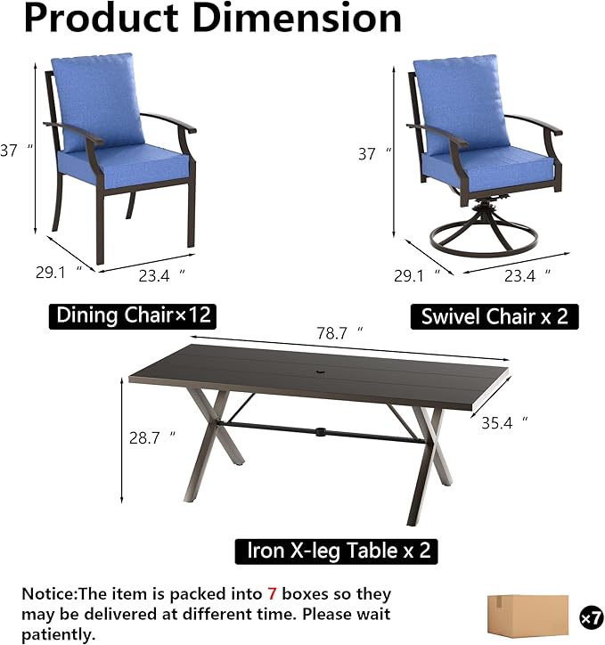 Kullavik 14PCS Outdoor Dining Set,Patio Dining Table and Chairs Set for 12,Fence Pattern Back Chairs with Thickened Cushions & Rectangular Metal Dining Table with Umbrella Hole for Patio,Navy Blue