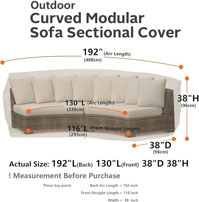 Curved Patio Furniture Cover for Outdoor Sectional Sofa, 190"(128") Reinforced Waterproof 600D Patio Sectional Couch Cover, Half Moon Lawn Outside Garden Furniture Winter Protective Cover