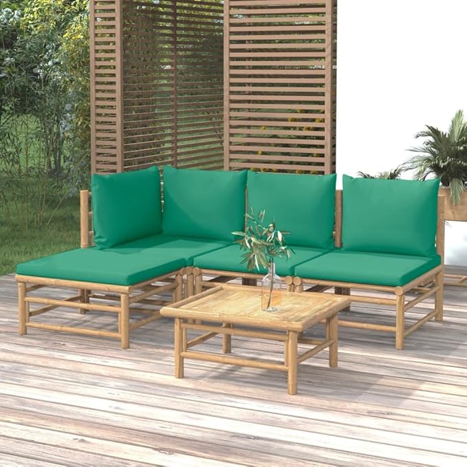 5 Piece Patio Lounge Set with Green Cushions, Porch Furniture Set Patio Conversation Set Outdoor Sofa Sets Sectional Sofa for Piazza Garden Negotiation Area Exhibition Bamboo