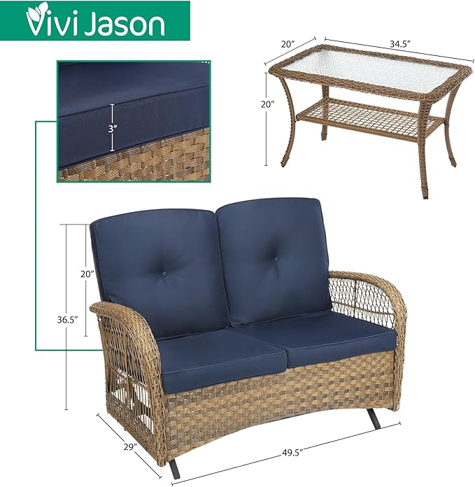 VIVIJASON 2-Piece Patio Wicker Loveseat Glider Set, Outdoor Conversation Furniture Set with 2-Seater Rattan Glider Rocking Bench and Glass-Top Coffee Table for Porch Garden Backyard, Navy Blue
